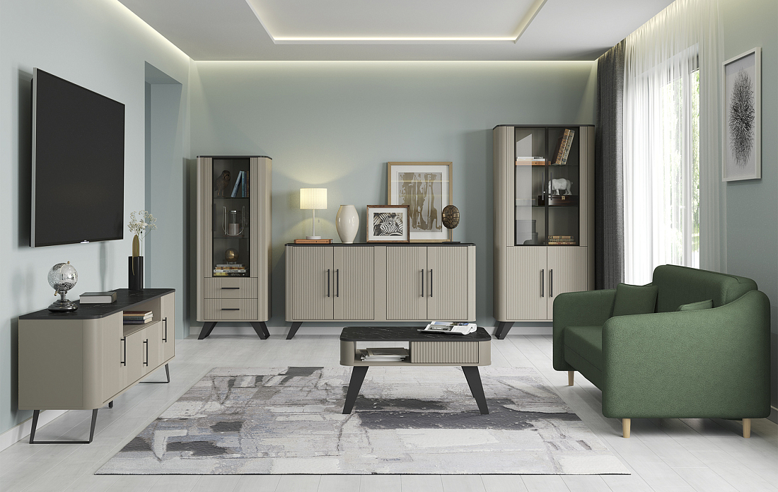 Шкаф витрина 76.01 Фиделия серый камень/мрамор черный/ДВПО серый камень/ПВХ серый камень/профиль masa decor серый камень